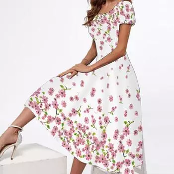 2025 новая женская одежда круглый вырез большой размер короткий рукав набивное платье, позиционирование напечатанное маятниковое платье S