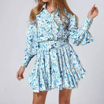 2025 новая женская одежда мода темперамент цветочный темперамент плиссированное длинное рукава короткое платье S