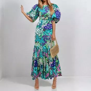 2025 новая женская одежда мода темперамент напечатанный облегающий круглый вырез плиссированное платье на талии S