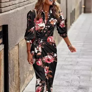 2025 новая женская одежда, модное платье с воротником-стойкой и галстуком в полоску средней и длинной длины S