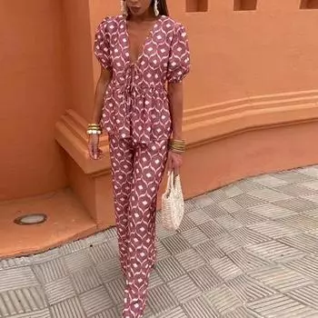 2025 новая женская одежда модный женский брючный костюм с принтом в складку элегантный темпераментный кружевной полый костюм S