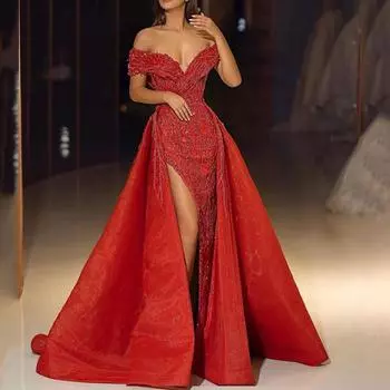 2025 новая женская одежда независимая станция бронзирование маятник сексуальное длинное платье со шлейфом банкетное тонкое вечернее платье S красный