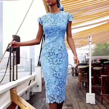 2025 новая женская одежда, новая юбка-карандаш без рукавов с круглым вырезом и средней юбкой S синий