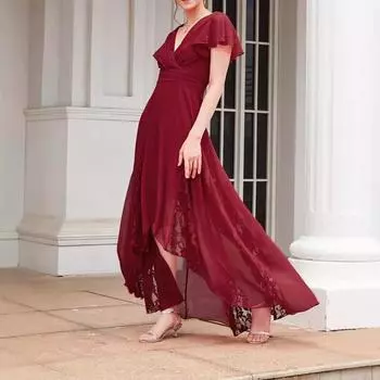 2025 новая женская одежда новое платье с V-образным вырезом и короткими рукавами однотонное платье S бордовый