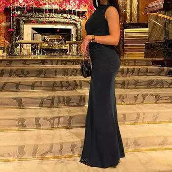 2025 новая женская одежда однотонное темпераментное сексуальное облегающее плиссированное платье с поясом на бедрах S чёрный