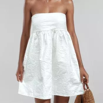 2025 новая женская одежда, свежая и милая, однотонная, топ-труба без рукавов, короткое платье с высокой талией S белый