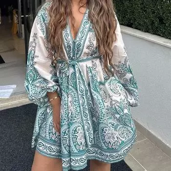 2025 новая женская одежда темперамент элегантная мода V-образный вырез свободное платье со шнуровкой на талии S