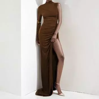 2025 новая женская одежда темперамент элегантный и сексуальный одинарный вращающийся рукав однотонный разрез облегающее платье платье S зелёный