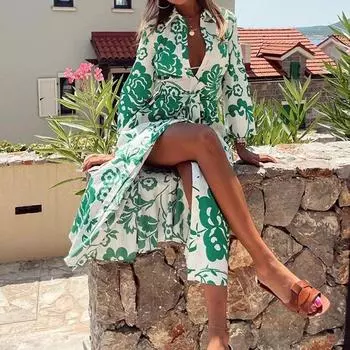 2025 новая женская одежда темперамент элегантный кардиган с принтом и лацканами на бретелях платье с разрезом S зелёный