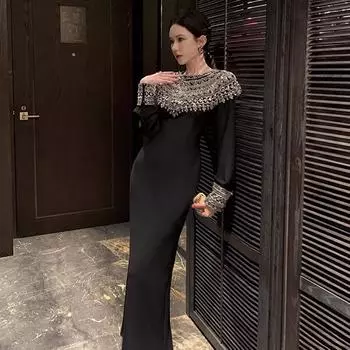 2025 новая женская одежда темперамент этнический стиль тяжелая промышленность дрель для ногтей платье с длинным рукавом прилив S чёрный