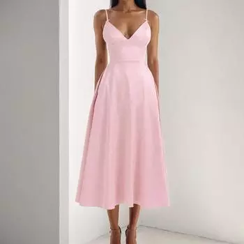 2025 новая женская одежда темперамент сексуальная юбка с V-образным вырезом и высокой талией на подтяжках большой карман-маятник плиссированное платье S розовый