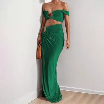 2025 новая женская одежда темперамент сексуальное платье-труба с разрезом и юбкой в полой талии комплект S чёрный