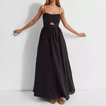 2025 новая женская одежда темперамент сексуальное французское платье-маятник ажурное платье с разрезом на подтяжках S чёрный