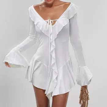 2025 новая женская одежда темперамент сексуальное платье с оборками и V-образным вырезом на бретелях с роговыми рукавами S