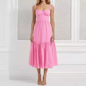 2025 новая женская одежда темперамент сексуальное принтовое платье с открытой спиной плиссированное без рукавов на подтяжках S розовый