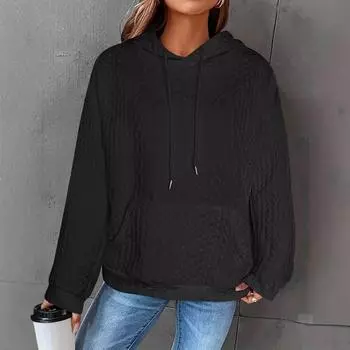2025 новая женская одежда в стиле casual жаккардовый свободный с капюшоном модный карман с длинными рукавами вязаный свитер S чёрный