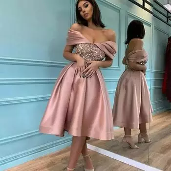 2025 новая женская одежда весна простая атмосфера длинное тонкое с блестками открытое плечо банкетное вечернее платье платье S розовый
