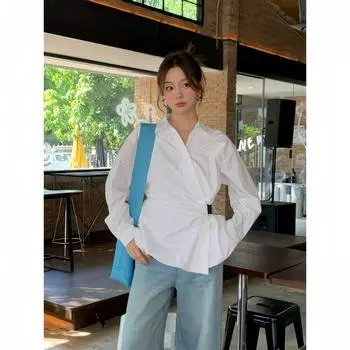 2025 Новая женская рубашка-кардиган открытого кроя с отделкой на талии, длинный рукав - C3199 Small