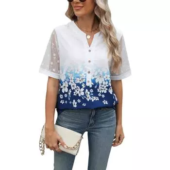 2025 Новая женская шифоновая блузка с V-образным вырезом и цветочным принтом, с кружевной отделкой на рукавах, повседневный топ на весну и лето S синий