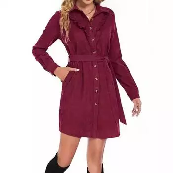 2025 Новая женская вельветовая рубашка с длинными рукавами и лацканами на шнуровке S бордовый