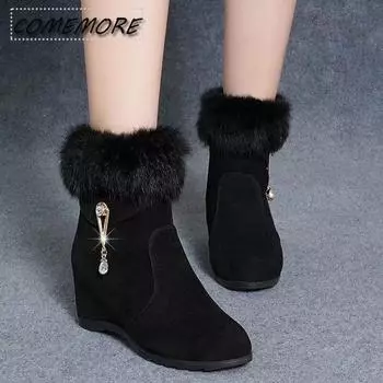 2025 Новая зимняя мода женские ботильоны на танкетке, увеличивающие рост, туфли на высоком каблуке с круглым носком, ботильоны со стразами из металла 35 чёрный