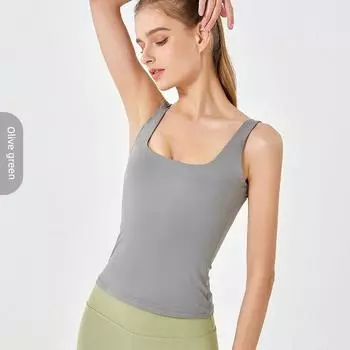 2025 Новинка U-образный вырез Без рукавов Двухслойный Мягкий как облако Фитнес-жилет Эластичный Облегающий С эффектом похудения Длинная верхняя одежда Куртка для йоги Olive green S