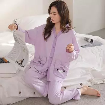 2025 Новинка Весна и Осень Кимоно Кардиган Хлопковый Пижамный Комплект Женская Милая Пижама С Длинным Рукавом Уютные Пижамные Комплекты Мягкая Домашняя Одежда Комплект Домашней Одежды M белый