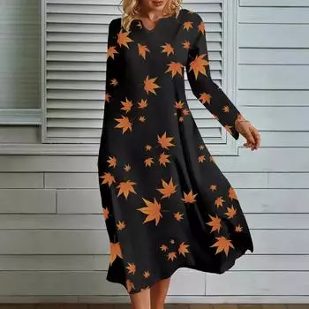 2025 новое цифровое платье-маятник с длинными рукавами и V-образным вырезом с принтом кленовых листьев для женщин S чёрный