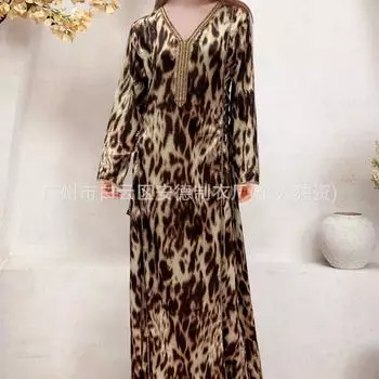 2025 новое длинное платье с леопардовым принтом, кружевное платье с длинным рукавом для женщин S