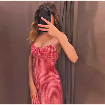 2025 Новое летнее платье миди на бретелях без рукавов в европейском и американском стиле, женская клетчатая юбка, уличный праздничный стиль XS