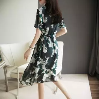 2025 Новое летнее свежее темпераментное платье с коротким рукавом, супер облегающее кружевное облегающее платье с высокой талией для женщин M армия зеленый