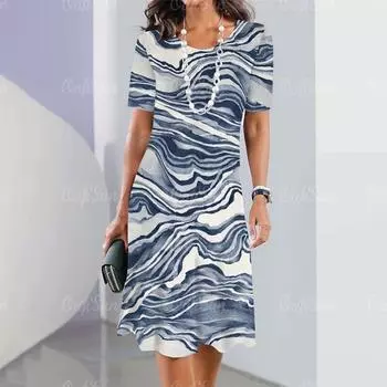 2025 Новое летнее женское платье с короткими рукавами и принтом Элегантный наряд с перьями Модный S