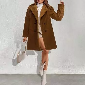 2025 Новое модное элегантное универсальное длинное пальто Fury с пуговицами и большим воротником S хаки