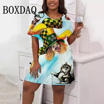 2025 Новое модное платье с персонализированным 3D-принтом и круглым вырезом с короткими рукавами S