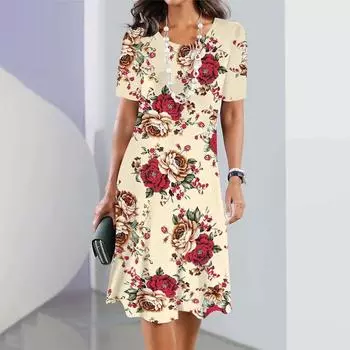 2025 Новое модное женское платье с цветочным принтом, элегантное платье с коротким рукавом и О-образным вырезом, уличная одежда, свободные платья больших размеров, женская одежда S
