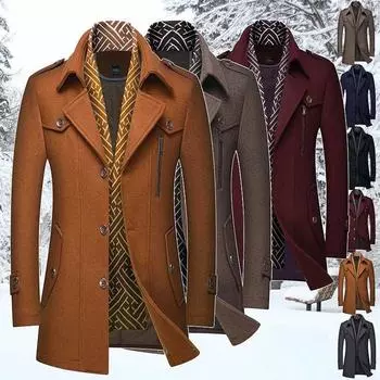 2025 Новое модное зимнее шерстяное пальто-тренч для мужчин Повседневные куртки с воротником-шарфом Приталенный бушлат с хлопковой подкладкой Средней длины Деловая куртка M чёрный