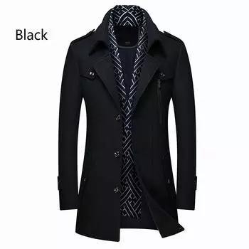 2025 Новое модное зимнее шерстяное пальто-тренч для мужчин Повседневные куртки с воротником-шарфом Приталенный бушлат с хлопковой подкладкой Средней длины Деловая куртка M чёрный
