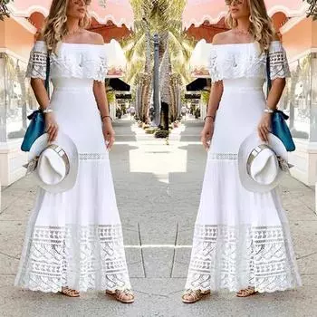 2025 новое независимое модное платье-трансляция с одним словом на шее и кружевом S белый