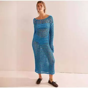 2025 Новое открытое пляжное длинное платье с длинным рукавом и круглым вырезом Свободное летнее платье для отпуска Сексуальный трикотажный купальник-бикини для женщин Накидки S синий