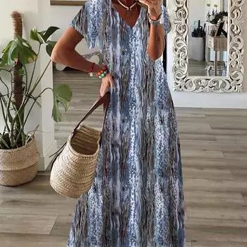 2025 Новое платье-халат в стиле бохо с принтом и широкими бретелями S