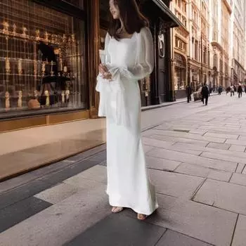 2025 новое платье-рыбий хвост из сетчатой микропрозрачной пряжи с квадратным вырезом и рукавами-рогами, французского темперамента S белый