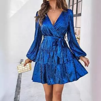 2025 Новое платье с V-образным вырезом и рукавами-фонариками на шнуровке S синий