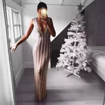 2025 новое платье, сексуальное платье с глубоким V-образным вырезом без рукавов, с пайетками, прозрачное платье S
