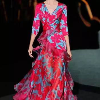 2025 новое платье темперамент женское платье с принтом кленовых листьев облегающее многослойное платье с V-образным вырезом S красный