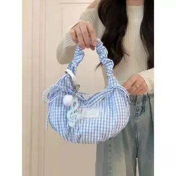 2025 Новое поступление Нишевый стиль Клетчатые Сумки на плечо с драпировкой и бантом Стильная уникальная сумка для работы Blue