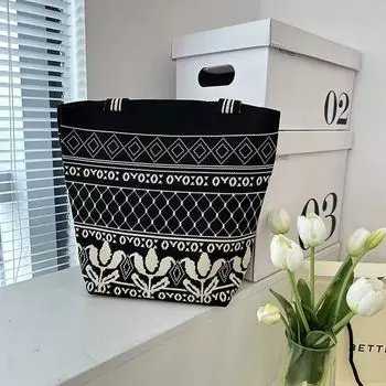 2025 Новое поступление Сумка с цветовой блокировкой большой вместимости Женская в корейском стиле Нишевый стиль Модная сумка-тоут Легче всего сочетать Вязаная сумка Сумка-ведро Black Florals