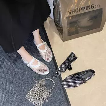 2025 новое слово в сетке с балетками женские балетки со стразами полые туфли Мэри Джейн одинарные туфли большого размера обувь с рыболовной сеткой 35