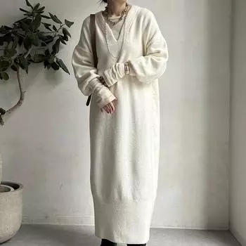 2025 новое трикотажное платье с V-образным вырезом, разрезом в виде вилки, однотонное, с белым воротником, высокого класса one size fits all абрикосовый