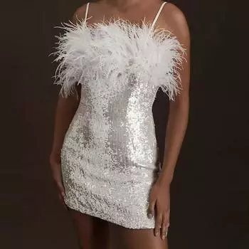 2025 новое вечернее платье из искусственного меха с пайетками, воротник с одним словом, облегающее сексуальное платье-труба S белый