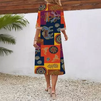 2025 новое весенне-летнее платье с принтом и короткими рукавами, кружевное платье с V-образным вырезом, свободное, с короткими рукавами, средней и длинной длины S